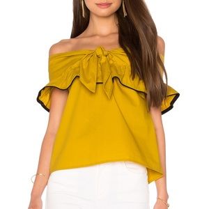 Line & dot yellow off the shoulder ruffle top sm